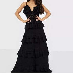 True Decadence Black Linen Ruffle Maxi Dress with Crochet Detail at Waist